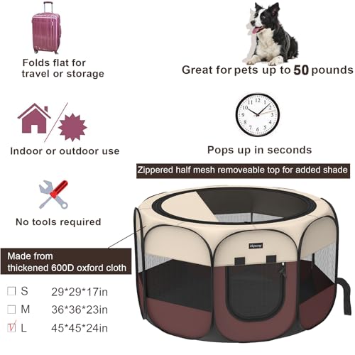 Portable Pet Puppy Dog Cat Playpen, 8-Panel Indoor/Outdoor Puppy Pen with Shade Cover & Travel Bag - Waterproof Dog Cat Tent - color: Brown, style: Large(45"x45"x24" with free bonus)