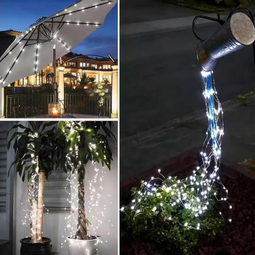 Solar Fairy Lights Outdoor White, Multi Strand 180 LEDs Watering Can String Light, Waterproof Solar Powered Waterfall Lights, Cool White Firefly Bunch Lights - color: Cool White