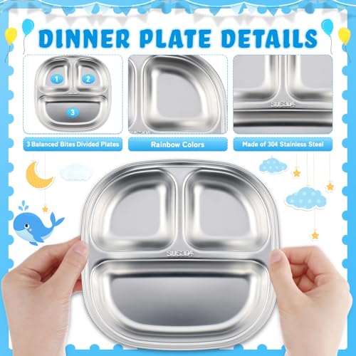 Tioncy 15 Pcs Stainless Steel Kids Dinner Set, Bowls, Balanced Bites Divided Plates, Cups, Spoons and Forks, Stainless Steel Lunch Plates Dinnerware Set for Kids Toddlers