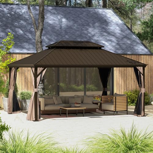 Domi 12' X 16' Hardtop Gazebo, Upgraded Metal Gazebo with Drainage System, Dual-Layer Galvanized Steel Roof, Curtain and Netting, Outdoor Shelter Canopy for Patio, Garden, and Backyard, Brown - color: Brown, size: 12'x16'/w gutter