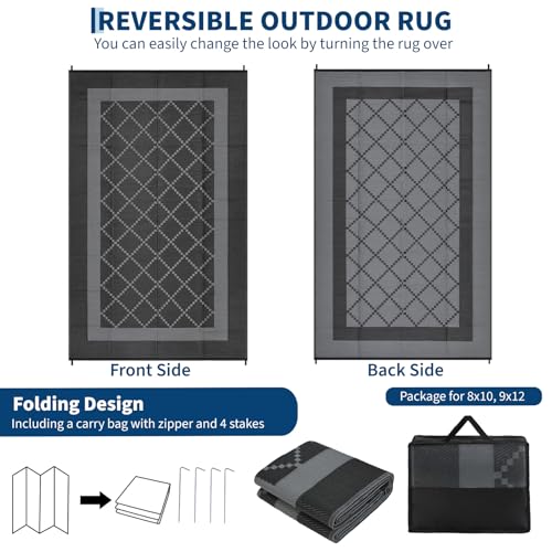 GarveeHome Outdoor Rugs Waterproof 8x10 Reversible Outdoor Plastic Straw Rug Bordered Boho Patio Rug with 4 Stakes & Portable Bag RV Mat Outside for Patio Camp Balcony Deck Picnic, Black & Grey - color: Geometric|black&grey, size: 8' x 10' (Rectangular)