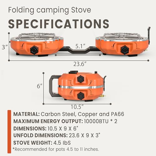 Cofiyard 20,000 BTUs 2 Burner Propane Camping Stove, Portable Folding Camp Stove with Adjustable Burners, Regulator and Carrying Bag, Dual Gas Stoves Easy Carrying Handle for Tailgating, Camping, BBQ - color: Orange