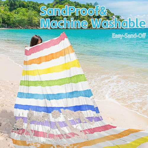 Beach Blanket Waterproof Sandproof Oversized Extra 79 * 88inch Sand Free Beach Mat with Stakes, Storage Bag - Essentials for Outdoor Beach, Picnic,Quick Drying Durable - color: Vintage Stripes, size: 6.6x7.2 FT (1～4 Person)
