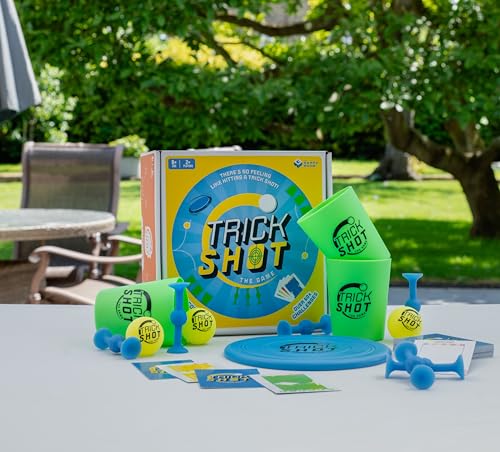 Fizz Creations Trick Shot The Game. Includes All You Need to Practice the Perfect Shot! Includes Stacking Cups, Ping Pong Balls, Sticky Darts, Throwing Disc & Challenge Cards. Garden Games Party Games