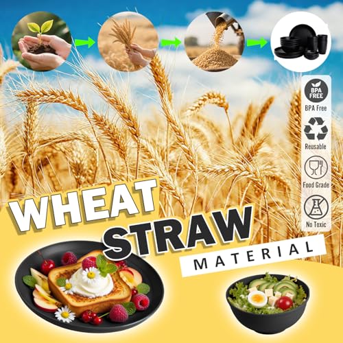 Wheat Straw Dinnerware Sets 16 PCS, Unbreakable Kids Plates and Bowls for 4-9 IN Plates, 26 OZ Cereal Bowls, 2 OZ Dipping Bowl, 12 OZ Cups, Dishwasher & Microwave Safe Plate Set - Black - color: Black, size: 16 PCS