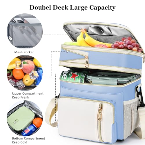 Lunch Box & Lunch Bag for Women, Large Insulated Adult Lunch Box Leakproof Lunchbox Cooler Bag for Work Picnic Beach,16L, Sky Blue & White - color: Sky Blue