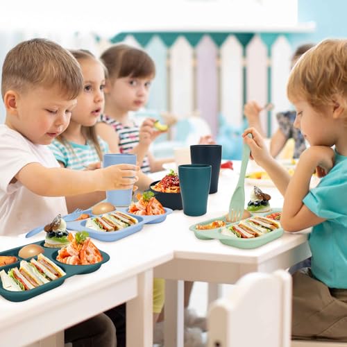 Unbreakable Dinnerware Sets for 4 People,24pcs Divided Plates and Bowls, Reusable Dinnerware Plastic Plates, Cups, Bowls, Cutlery Set for School Party, Camping, Home, Office - color: Blue