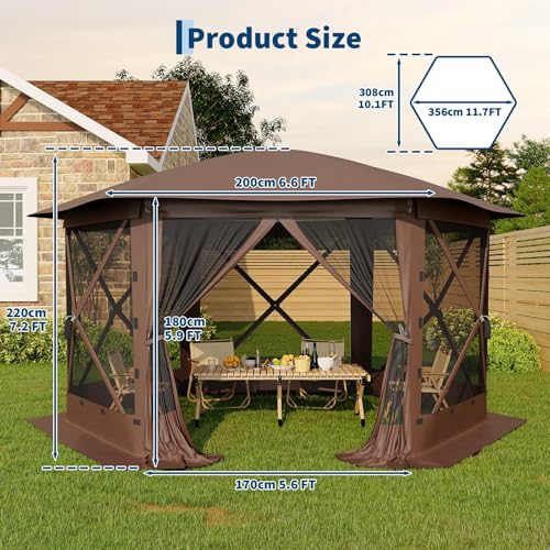 GarveeLife 11.5x11.5FT 6-Sided Pop Up Gazebo Tent，One-Push Setup Canopy Tent with Mesh Panels & Removable Wind Cloths, Outdoor shelter for Camping, Backyard Parties, Outdoor Events - Beige & Khaki - color: Beige & Khaki, size: Removable Top - 11.5ft