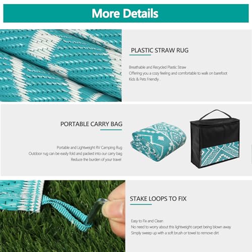 Waterproof Outdoor Rug 5x8 ft, Reversible Plastic Straw Mat, Large Floor Mat for Patio, Camping, Picnic, Backyard RV, Deck, Teal - color: Teal, size: 5' x 8'