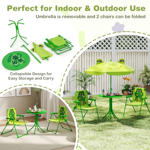 KOTEK Kids Picnic Table with Umbrella, Outdoor Table & 2 Folding Chairs, Cute Pattern Children’s Patio Furniture, Portable Kids Table and Chair Set for Backyard, Garden, Beach (Bright Green) - color: Bright Green Frog