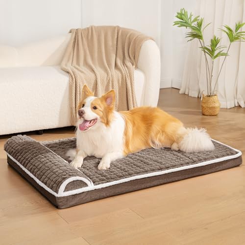 Orthopedic Dog Bed Large Sized Dog with Pillow 36''X24'', Waterproof Soft Comfortable Egg Crate Foam Pet Crate Beds Mat with Removable Washable Cover and Non-Slip Bottom, Taupe - color: Taupe, size: 36"l X 24"w X 3.5"th