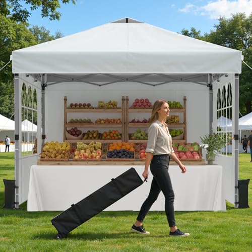 Raynesys Pop Up Canopy Tent with Sidewalls, 10x10ft 10 Person Party Tent One Push Setup, Portable Gazebo Outdoor Sun Shade for Events, Parties, Camping, Commercial, Silver Coated Top, White - color: White