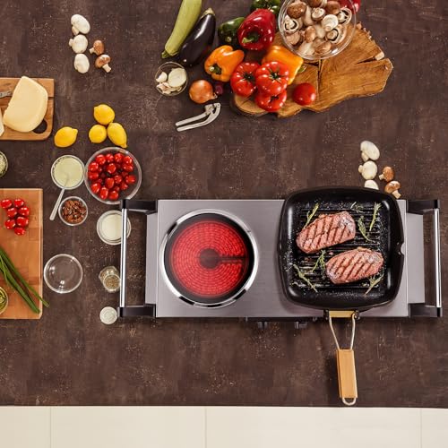 Techwood Electric Stove, Double Infrared Ceramic Hot Plate for Cooking, Two Control Cooktop Burner, Portable Anti-scald handles Suitable for Office/Home/Camp Use, 1800W Compatible for All Cookwares - color: Silver, size: Infrared Ceramic Double Burner