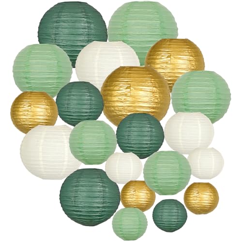 Sage Green Gold Paper Lanterns Decorative, Round Hanging Paper Lanterns for Graduation Wedding Bridal Shower Birthday Party Neutral Baby Shower Decorations, 21pcs - color: Bean green