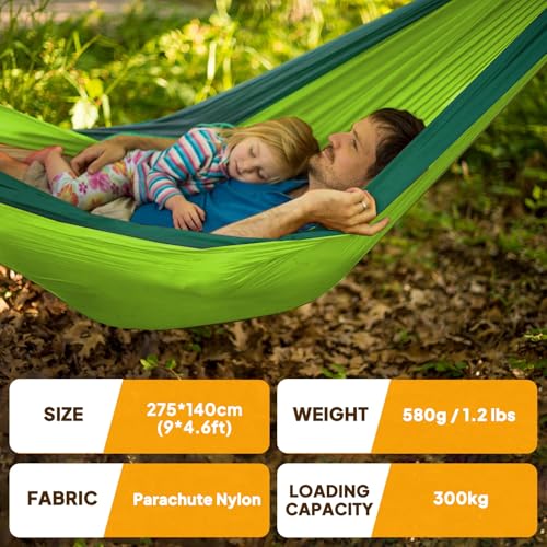 NATUREFUN Ultra-Light Travel Camping Hammock | 300kg Load Capacity,Breathable,Quick-Drying | 2 x Premium Carabiners,2 x Nylon Slings Included | Outdoor Indoor Garden - color: Light Green/Dark Green, size: 275x140cm