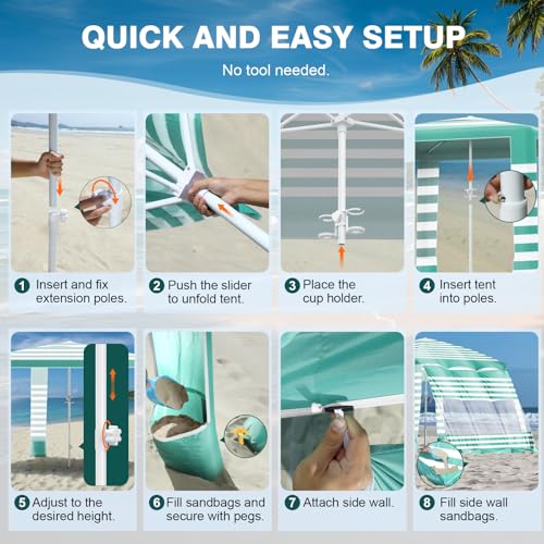 Rhino Valley Beach Cabana, 8 * 8FT Beach Tent UPF50+ Protection, Easy Setup Beach Canopy Wind Resistant with Cup Holder, Compact Beach Shade Foldable Beach Tent Sun Shelter, Green White - color: Green White