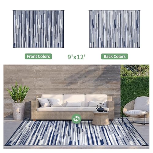 GENIMO Outdoor Rug for Patio Clearance, 9'x12' Waterproof Camping Mat, Reversible Plastic Straw Rugs for RV, Camper, Balcony, Backyard, Picnic, Deck (Blue White) - color: Blue White, size: 9' x 12' (Rectangular)