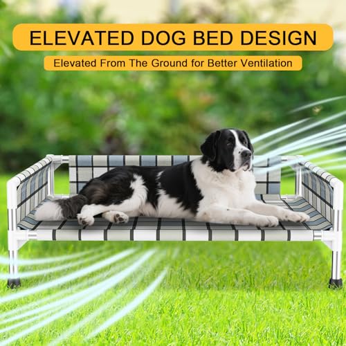 Elevated Raised Outdoor Dog Bed - Cooling Washable Dog Cot with Guardrail, Durable & Breathable Cotton Mesh Pet Hammock Beds with Stainless Steel Pipe Frame for Large Pets (34'' x 26'' x 12'') - size: 34'' x 26'' x 12''