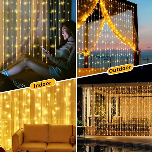 Solar Curtain Lights Outdoor Waterproof 10 * 10Ft 300LED Waterfall Light with 8 Modes Remote Rechargeable Dimmable Hanging Twinkle Fairy String Lights for Outside Christmas Gazebo Party Wedding - color: 300LED Warm White