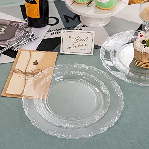 U-QE 100 Pieces Clear Plastic Plates - Clear Disposable Plates - Premium Hard Plastic Plates for Party, Holiday and Party Use Including 50 Dinner 10 '' & 50 Dessert Platos 7.5 '' - color: Clear