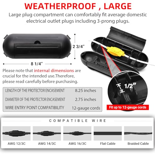 (4-Pack) Large Black Outdoor Extension Cord Plug Protector for AWG12/14/16 Cords | Water-Resistant Holder for Holiday String Lights and Wires | Capsule Shaped Protector with Large Compartment - color: Black, size: Large (with 4 Latches)