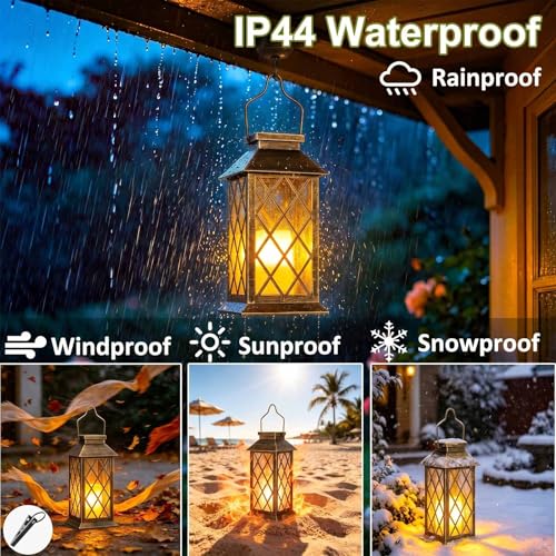 Solar Lanterns Outdoor Waterproof, Flickering Candles Hanging Solar Lights for Outside Garden Patio Wall Porch Decorative, Lamp with Upgraded Solar Panel, Tempered Glass & Clip, Bronze 2 Pack - style: Bronze*2, 4.2*4.2*8.7in