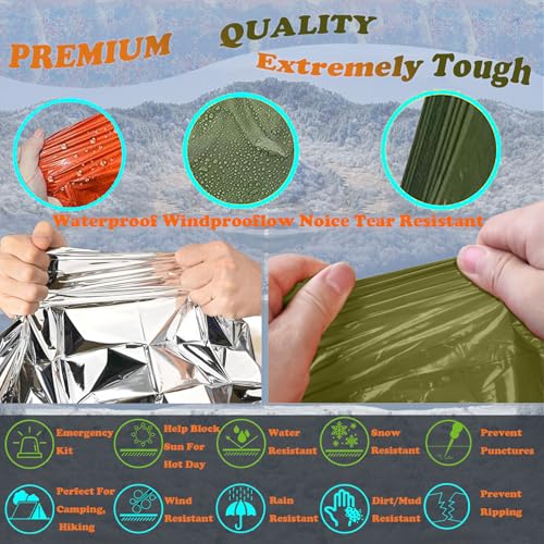 4X Survival Gear kit, Emergency Poncho (2pc), Emergency Space Blanket (2pc), Mylar Liner - Retains 92% Body Heat, for Outdoors, Hiking, Camping, Bug Out Bag, Marathons or First Aid, Car (Green) - color: Green