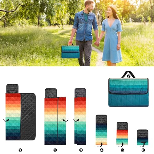 Waterproof Picnic Blankets,79''x79'' Extra Large Foldable Sandproof Beach Blanket,Portable 3-Layer Polyester Outdoor Picnic Blanket for Grass Lawn,Beach,Family Camping,Park,Travel-Rainbow Stripe - color: Rainbow Stripe