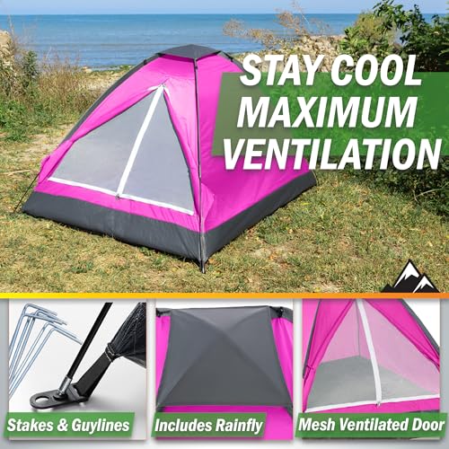 2 Person Camping Tent with Rain Fly and Carrying Bag – Lightweight Outdoor Pop Up Tents for Camping Essentials, Music Festivals, Backpacking, Hiking, or Beach Shelter by Wakeman Outdoors - color: Pink