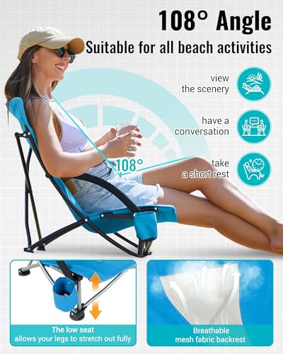 KingCamp Low Beach Chair, High Back Folding Camping Chair for Adults, Oversized Breathable Mesh Seat, 300lbs Heavy Duty Portable Chair with Cup Holder & Storage Pockets for Beach, Outdoor - color: Shoreline-blue-1 Pack