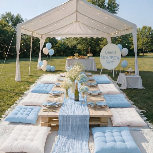Extra Large Outdoor Picnic Blanket with Table Runner and Floor Pillow Cushion for Picnic Wedding Birthday Baby Shower Backyard Decor(91 x 71'',Light Blue,White,8 Pcs) - color: Light Blue,white