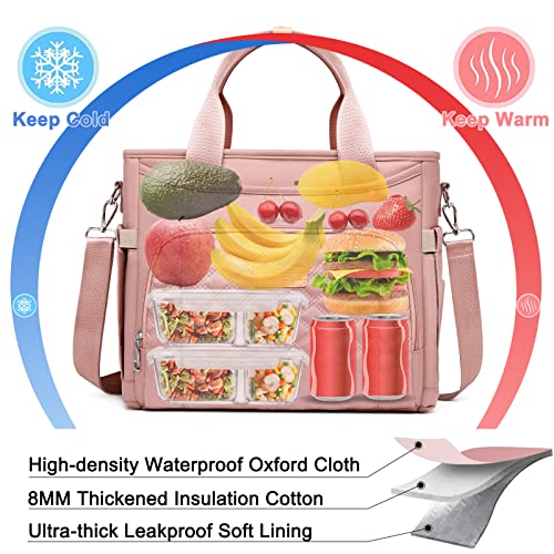 AIJIEKE Extra Large Lunch Bag for Women & Men, Insulated Leakproof Lunch Box for Work, Reusable Adult Lunch Tote with Shoulder Strap, Multi-Pocket Cooler Bag for Office, Picnic, Beach, Pink - color: Pink