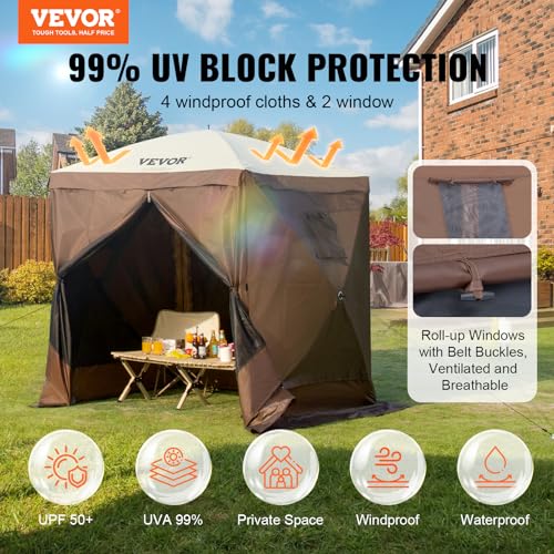 VEVOR Pop Up Gazebo Tent, Pop-Up Screen Tent 4 Sided Canopy Sun Shelter with 4 Removable Privacy Wind Cloths & Mesh Windows, 6x6FT Quick Set Screen Tent with Mosquito Netting, Brown - color: Brown, size: 6x6ft