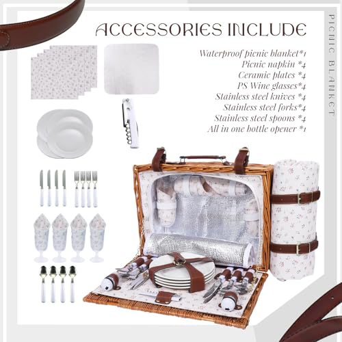 Picnic Baskets Wicker Willow Picnic Set for 4 Persons with Insulated Cooler Bag and White Floral Waterproof Picnic Blanket Gift for Christmas Thanksgiving Wedding Birthday Camp Outdoor Beach Travel - color: Classic Flower