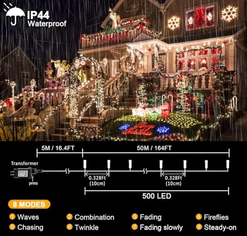 kemooie 500 LED Christmas Lights, 164FT 8 Lighting Modes with Timer Plug in Waterproof String Lights for Outdoor Christmas Birthday Wedding Party Garden Balcony Decorations (Warm White) - color: Warm White