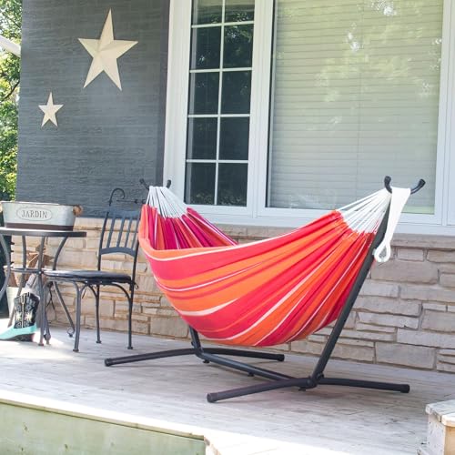 Vivere Double Cotton Hammock with Space Saving Steel Stand, Upgraded Polyester End Strings 450 lb Capacity - Premium Carry Bag Included - USA Grown Cotton (Mimosa) - color: Mimosa