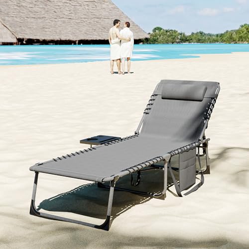 Outsunny Folding Chaise Lounge Chair Outdoor Tanning Chair with Side Table, 5-Level Adjustable Beach Lounge Chair with Headrest, Side Pocket for Patio, Backyard, Beach, Poolside, Gray - color: Grey