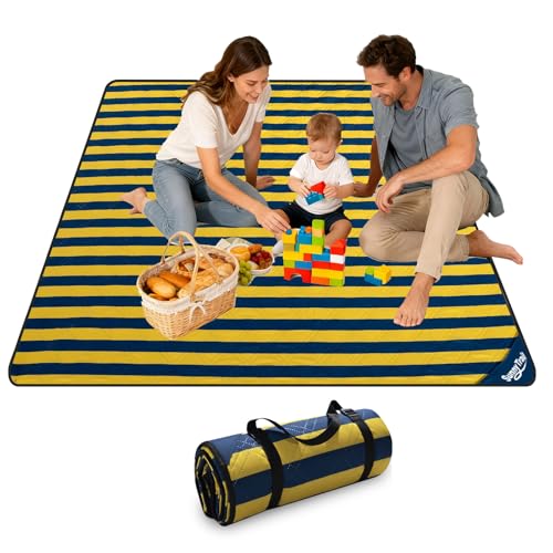 Picnic Blanket 80"x80" – Extra Large Waterproof Outdoor Blanket for Beach, Park, Grass, Lawn, Camping, Sandproof Mat, Foldable & Portable, Ideal Wedding Registry & Family Travel Accessory - color: Yellow & Blue Stripe