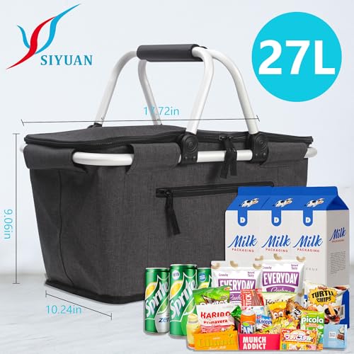 Picnic Basket, SIYUAN Collapsible Market Basket Insulted Cooler with Handles 27L Large Farmers Grocery Basket with Lid Portable Tote Bag, Black - color: Black