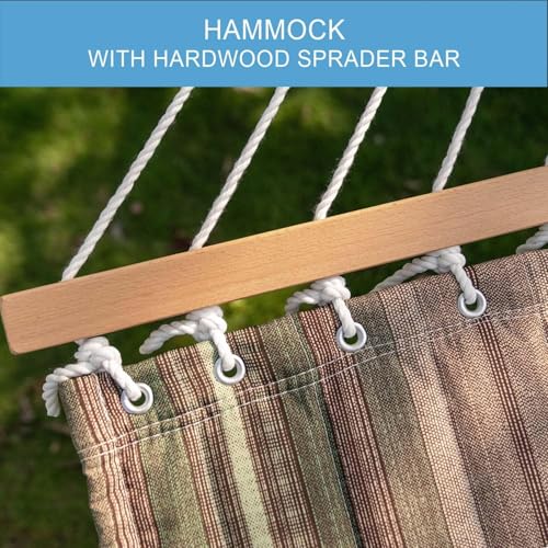 Lazy Daze 12 FT Quilted Fabric Double Hammock with Spreader Bars and Detachable Pillow, 2 Person Hammock for Outdoor Patio Backyard Poolside, 450 LBS Weight Capacity, Mixed Green & Brown Stripe - color: Green & Brown Stripe