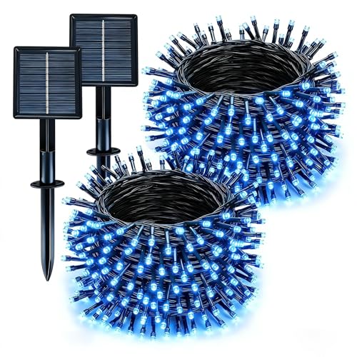 Solar String Lights Outdoor Waterproof 2 Pack Total 66ft 200LED 8 Modes Twinkle Lights Solar Fairy Lights for Patio, Garden Yard Party Wedding Tree Christmas Halloween Decoration, Blue - color: Blue