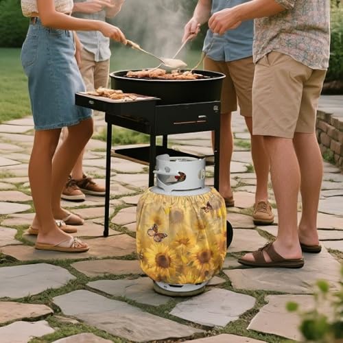 Sunflower Butterfly Propane Tank Cover Fits Standard 20 lb Tank Cylinde Travel Trailer Propane Covers with Elastic Slip in Gas Cover Water & Wear-Resistant for Outdoor and Indoor Use - color: Sunflower Butterfly