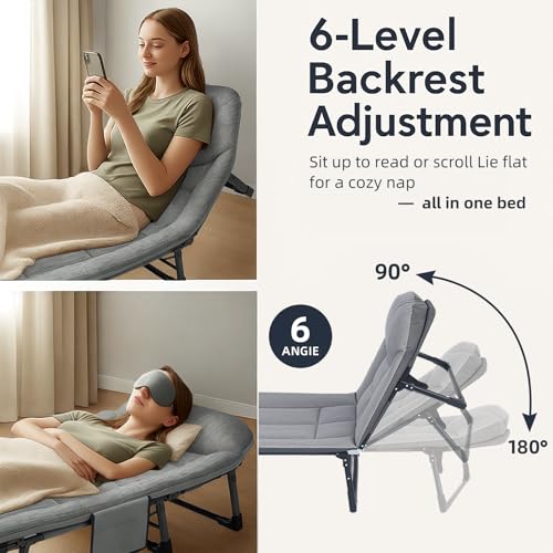 SnozeFlex Chaise Lounge Chair, Folding Cot, 6-Angle Adjustable Camping Cot with Mattress for Patio and Beach, Foldable Bed Portable Heavy Duty Lay Flat Reclining with Pillow (Grey, XL - 80")