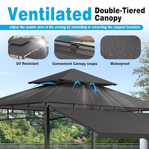 TITIMO 8'x 8' x 7.8' Double Tiered Grill Gazebo with Side Awning,Outdoor Patio BBQ Pergola, Heavy-Duty Metal Frame Canopy Tent with Side Shelves,Hooks,Bottle Opener for Lawn Deck and Garden (Gray) - color: Gray