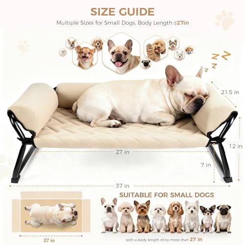 Lekereise Cooling Elevated Outdoor Dog Bed Cot + Orthopedic Indoor Small Dog Sofa Bed, Washable Cover & Sturdy X-Frame, 37x21.5inches, Medium, Beige