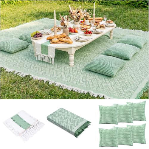 Extra Large Outdoor Boho Picnic Blanket with Table Runner and 6 Throw Pillows Covers for Outdoor Essentials Beach Accessories Basket Set Oversized Manta Yard Outside Mat Wedding Party Decor Sage Green - color: Sage Green