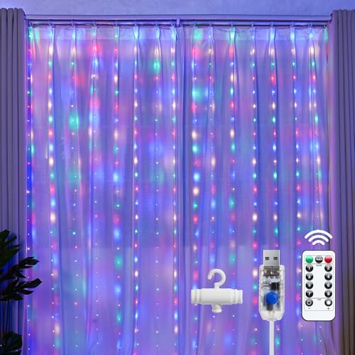 Brightown 300 LED Fairy Curtain Lights, Curtain String Lights, USB Plug in 8 Lighting Modes Christmas Decoration, Hanging Lights with Remote for Bedroom Indoor Weddings Dorm Multicolor 1 Pack - color: Multicolor, size: 1 Pack-300 LED
