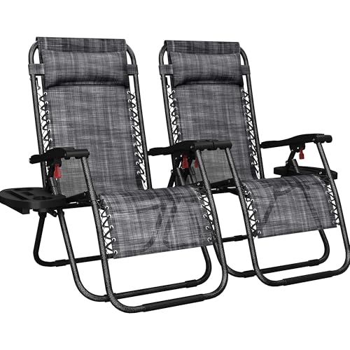 Yaheetech Zero Gravity Recliners Outdoor Adjustable Folding Reclining Lounge Chairs w/Pillows, Cup Holder Trays and Carry Strap for Patio Backyard Beach Gray Set of 2 - color: Grey