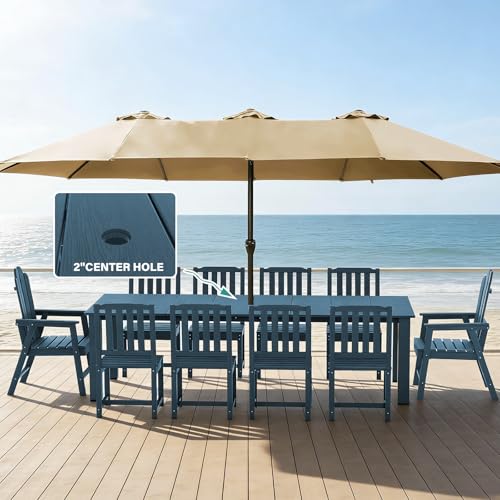 11-Piece Patio Dining Set, Outdoor Dining Set for 10, HDPE All-Weather Outdoor Furniture with 89.57” Umbrella Hole Table, 2 Armchairs & 8 Armless Chairs, Navy - color: Navy, size: 2 Armchairs & 8 Armless Chairs