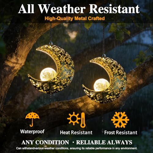 Solar Garden Hanging Moon Lights Outdoor Decor,2 Pack Metal Lanterns Art Decorations for Outside Yard Lawn Patio Wall Fences Driveway Trail,Unique Housewarming Gardening Gifts for Women Mom - size: 2 PACK Moon